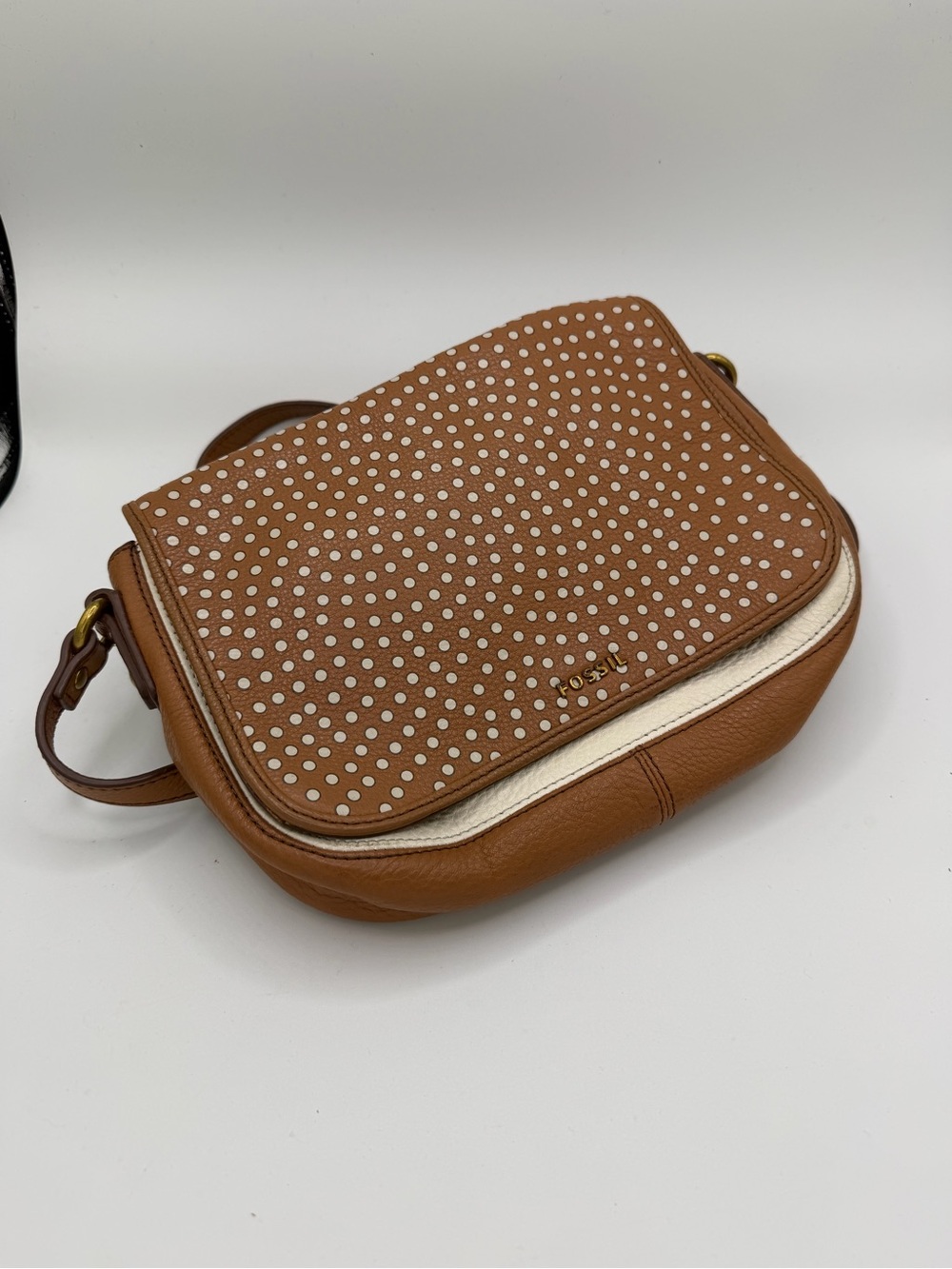 Fossil Brown Leather Crossbody with Cream Studded Flap